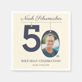 ベージュヴィンテージ50誕生日カスタムフォトナプキン スタンダードカクテルナプキン