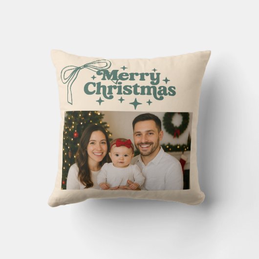 ベージュ写真の緑の弓の手でクリスマスを描いた クッション (裏面)