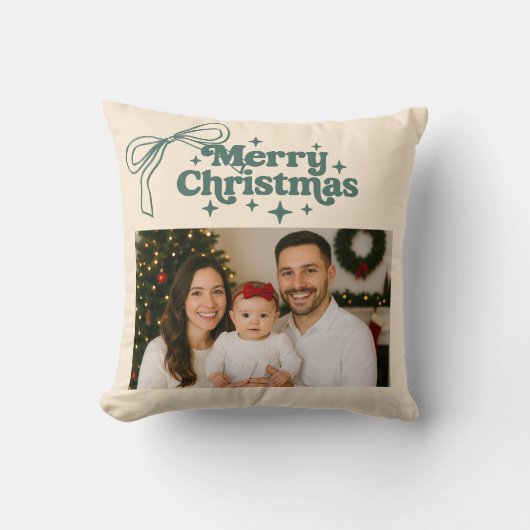 ベージュ写真の緑の弓の手でクリスマスを描いた クッション (正面)