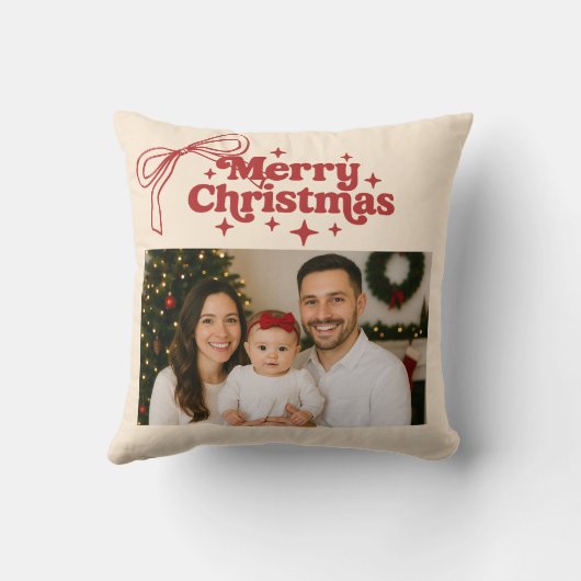 ベージュ写真の赤い弓の手でクリスマス描画 クッション (裏面)