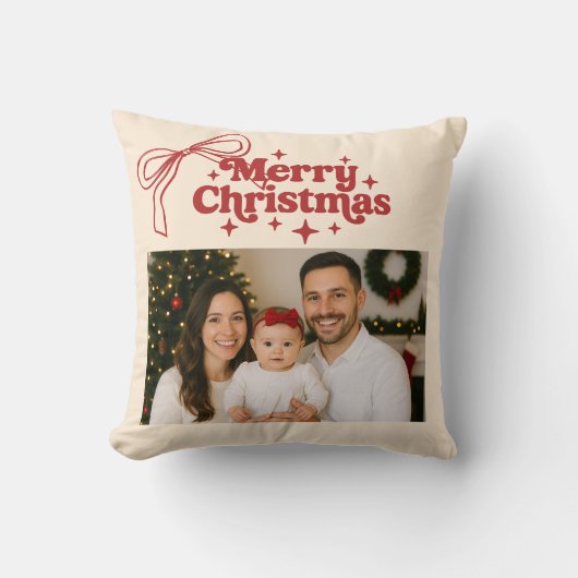 ベージュ写真の赤い弓の手でクリスマス描画 クッション (正面)