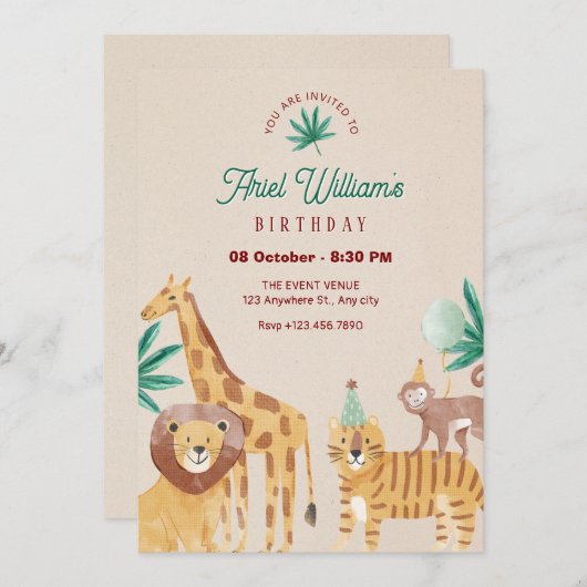 ベージュ動物園の誕生日 招待状 (正面/裏面)