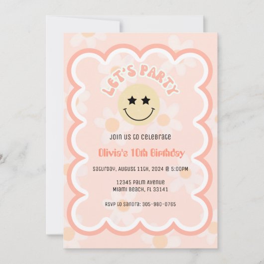 ベージュ名門私立校風のデイジーY2Kハッピー顔パーティー誕生日 招待状 (正面)