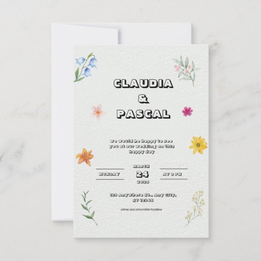 ベージュ図解入りの、写真付きのフローラ結婚式招待状 招待状 (正面)