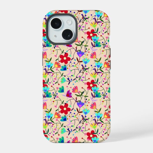 ベージュ地にカラフルな花柄 iPhone 15ケース (裏面)