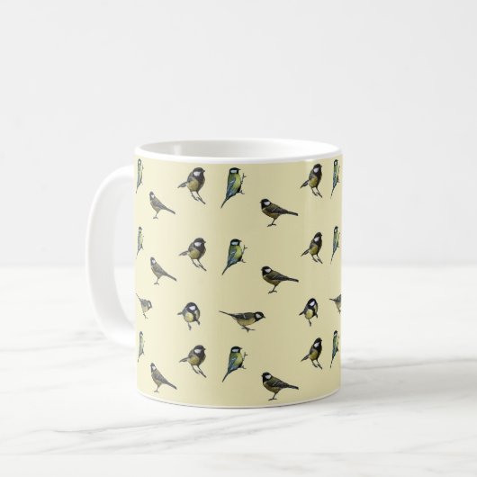 ベージュ地に小さな庭の鳥の模様 コーヒーマグカップ (正面左)