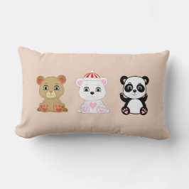 ベージュ地に描かれた3匹のかわいいクマのキャラクター ランバークッション