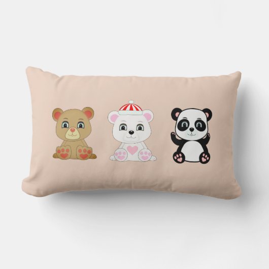 ベージュ地に描かれた3匹のかわいいクマのキャラクター ランバークッション (正面)