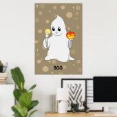 ベージュ地のかわいいハロウィンの幽霊とカボチャ ポスター (ホームオフィス)