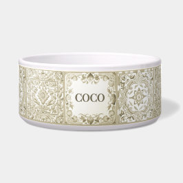 ベージュ地中海のタイルカスタムドッグキャットペット名 ボウル