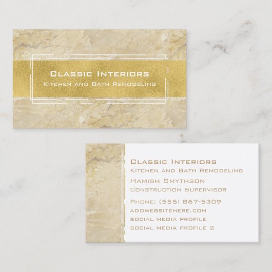 ベージュ大理石および金ゴールドのモダンのお洒落なスタイリッシュ 名刺 (正面/裏面)