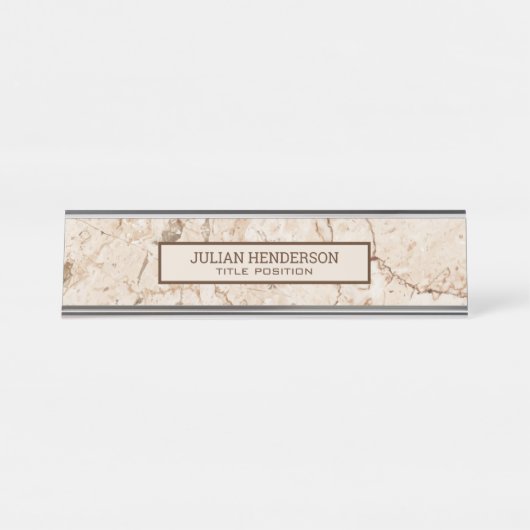 ベージュ大理石ブラウングレイン デスクネームプレート (正面)