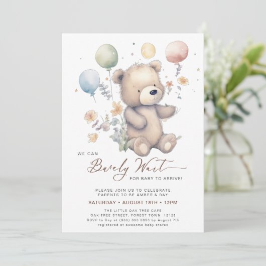 ベージュ我々はbearly待ち男の子のシャワー 招待状 (スタンド正面)