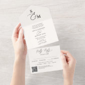 ベージュ書道モノグラムフォーマルQRコード結婚ズ オールインワン招待状 (貼ってはがせる)