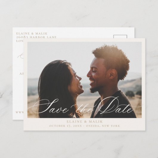 ベージュ書道写真セーブ・ザ・デート案内 案内ポストカード (正面/裏面)