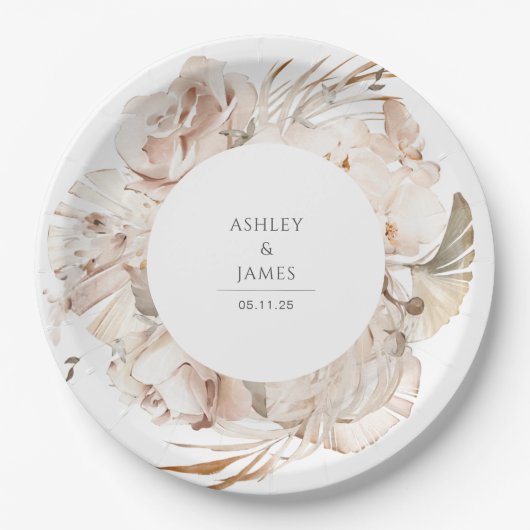 ベージュ水彩植物性フローラ庭園の結婚式 ペーパープレート (正面)