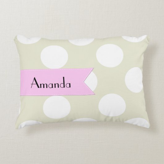 ベージュ水玉模様、水玉模様パターン、お名前 アクセントクッション (正面)