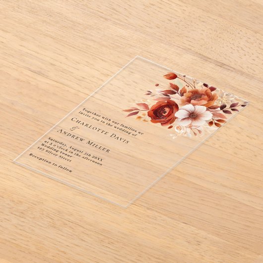 ベージュ焦げオレンジ澄ん結婚花模様 アクリル招待状 (レイダウン)