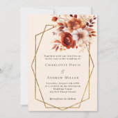 ベージュ焦げオレンジ色の花模様ジオメト結婚リック 招待状 (正面)