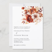 ベージュ焦げオレンジ花模様結婚ズ 招待状 (正面)