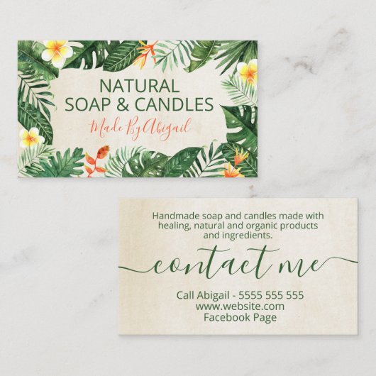 ベージュ熱帯葉手作り石鹸とろうそく 名刺 (正面/裏面)