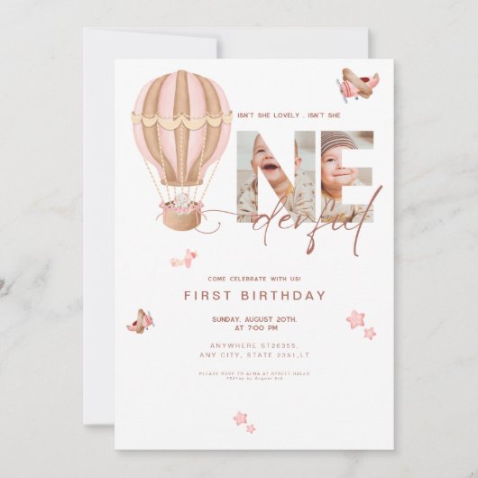 ベージュ熱気球オンダーフル1歳の誕生日 招待状 (正面)