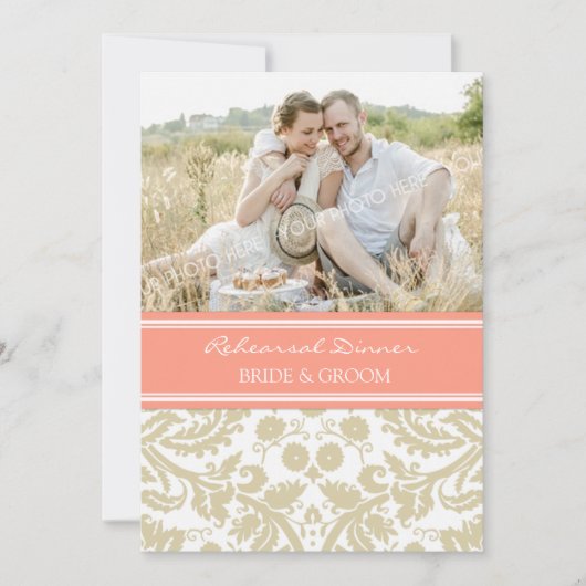 ベージュ珊瑚のダマスク織の写真のリハーサルのディナー・パーティ 招待状 (正面)