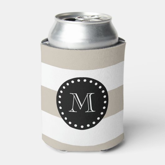 ベージュ白ストライプ模様、ブラックモノグラム 缶クーラー (缶正面)