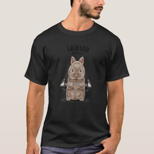 ベージュ矮小ウサギの筋肉トレーニング重量挙げF Tシャツ (正面)