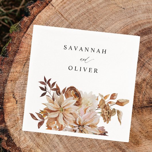 ベージュ秋フローラネームナプキンス スタンダードカクテルナプキン