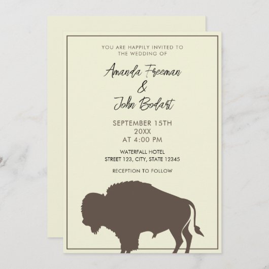 ベージュ素朴とブラウンバッファローバイソン結婚ズ 招待状 (正面/裏面)
