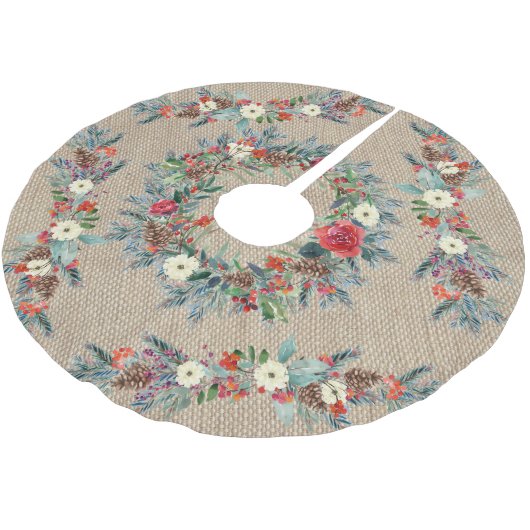 ベージュ素朴のバーラップ水の色のフローラクリスマス ブラッシュドポリエステルツリースカート (アングル)