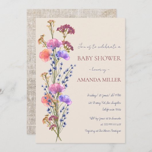 ベージュ素朴アクリルフローラブーケベビーシャワー 招待状 (正面/裏面)