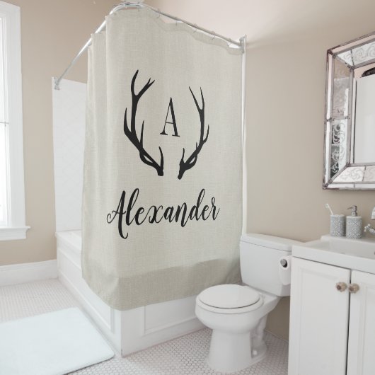 ベージュ素朴アントラーモノグラム |ファームハウスバスルーム シャワーカーテン (インサイチュ)