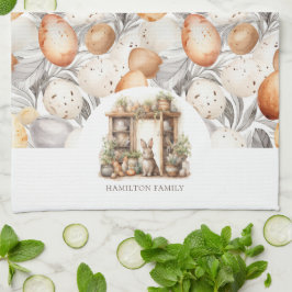 ベージュ素朴イースターラビットファミリー名 キッチンタオル