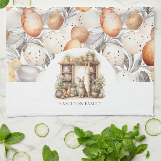 ベージュ素朴イースターラビットファミリー名 キッチンタオル (折り畳み)