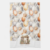 ベージュ素朴イースターラビットファミリー名 キッチンタオル (縦)