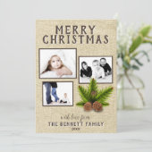 ベージュ素朴パイン3写真クリスマスホリデー カード (スタンド正面)
