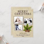 ベージュ素朴パイン3写真クリスマスホリデー カード (正面/裏面インサイチュ)