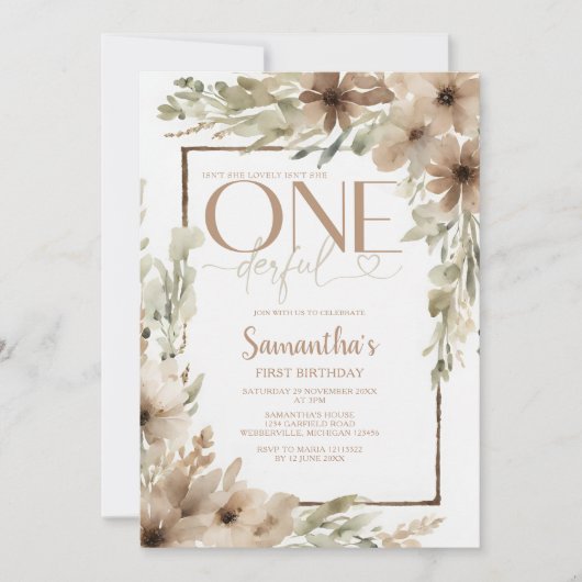 ベージュ素朴フローラは彼女のonederful誕生日ではない 招待状 (正面)