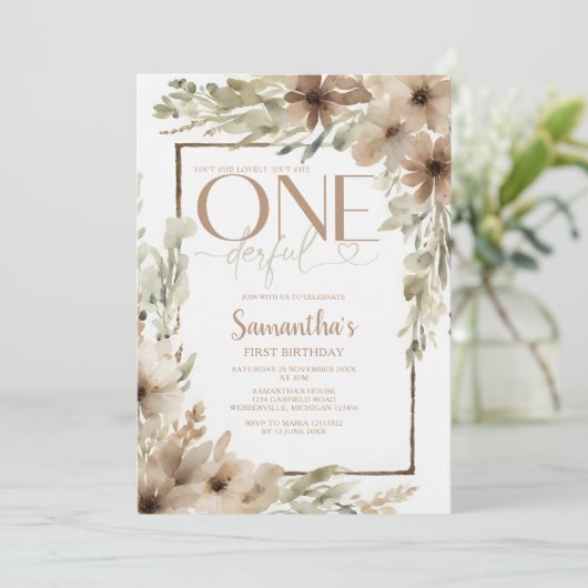 ベージュ素朴フローラは彼女のonederful誕生日ではない 招待状 (スタンド正面)