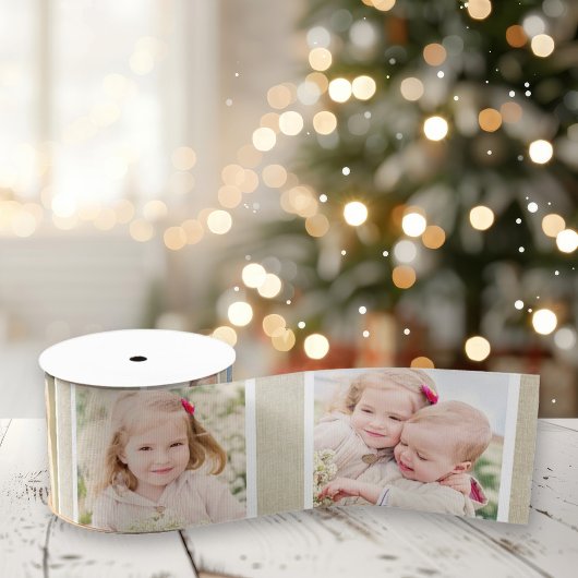 ベージュ素朴リネンカスタム写真 サテンリボン