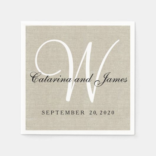 ベージュ素朴リネンモノグラム結婚ズ紙ナプキンス スタンダードカクテルナプキン (正面)