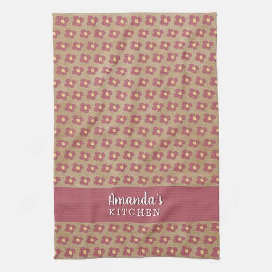 ベージュ素朴レッドフラワーパターンフローラ名 キッチンタオル (縦)