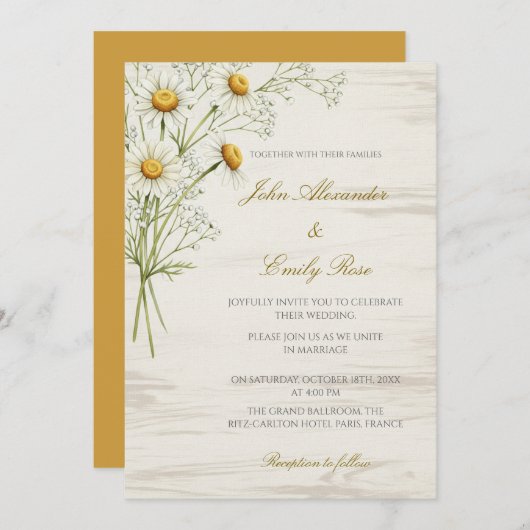 ベージュ素朴結婚式招待状とデイジー花模様 招待状 (正面/裏面)