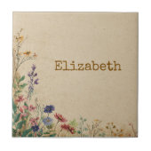 ベージュ縁どボホ素朴ワイルドフラワー タイル (正面)