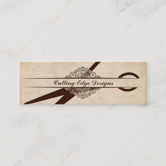 ベージュ織り目加工の紙は美容師のせん断を切ります スキニー名刺 (正面)