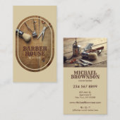 ベージュ美容師素朴木造バーバーショップ 名刺 (正面/裏面)