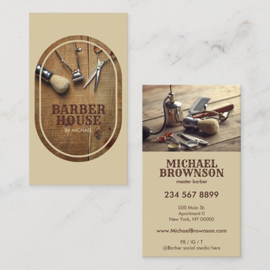 ベージュ美容師素朴木造バーバーショップ 名刺 (正面/裏面)