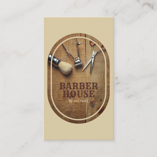 ベージュ美容師素朴木造バーバーショップ 名刺 (正面)